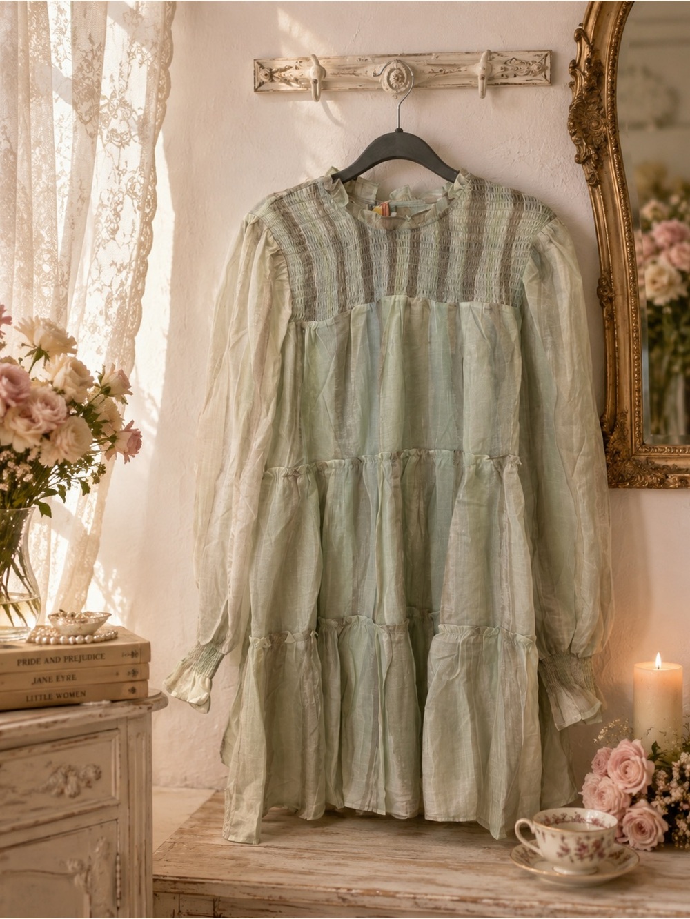 NWT Entro Boutique Smocked Tiered Dress in Light Green Sz L